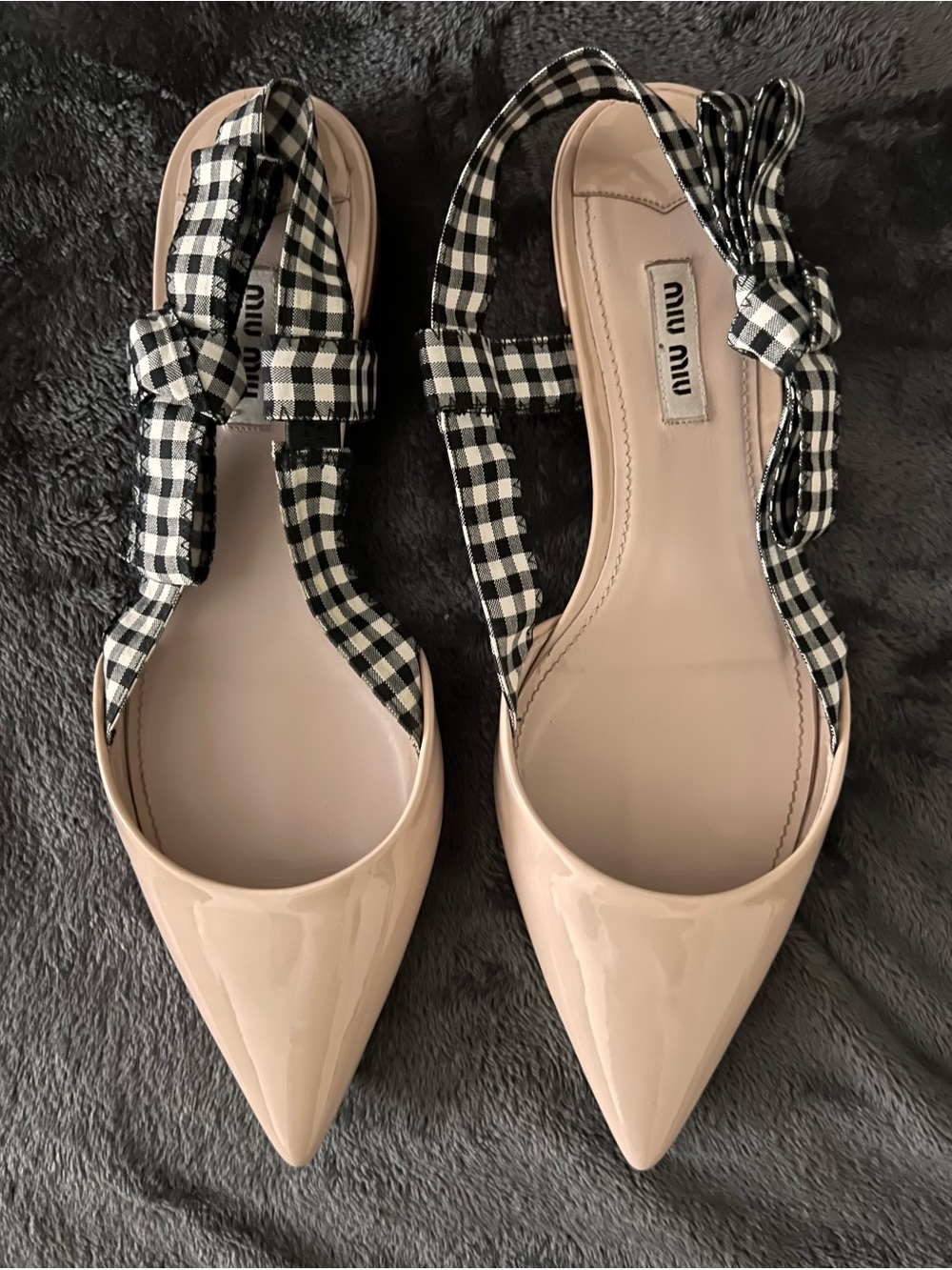 Miu Miu Nude Patent Pointed Toe Slingback with Black & White Gingham Bow